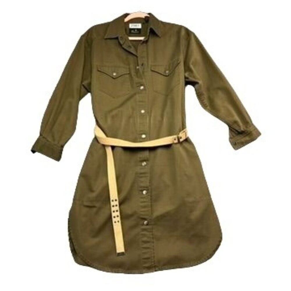 Liz Claiborne Shirt Dress Size L Olive Green Belted Snap Button Curved Hem Vtg